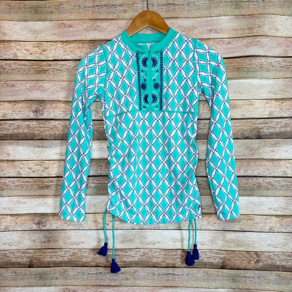 Cabana Life Blue Embroidered 1/4 Zip Ruched Side Tassel Rash Guard Top Size 12
